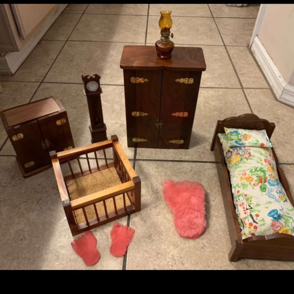 Wooden Doll Bed, Wardrobe, Kerosene Lamp, etc